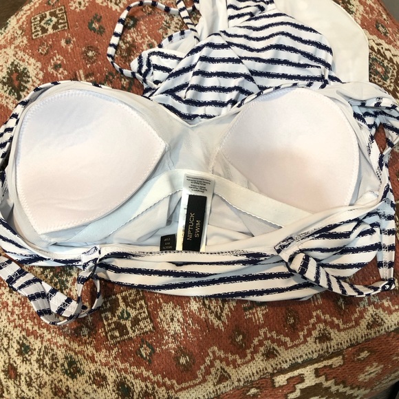 Nip Tick Swim Navy and White Striped Swimsuit Double Layered Belly Scrunch Tie - Picture 8 of 13